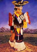 painting of a young native american boy in full fancy dance costume of beads, feathers and jingles